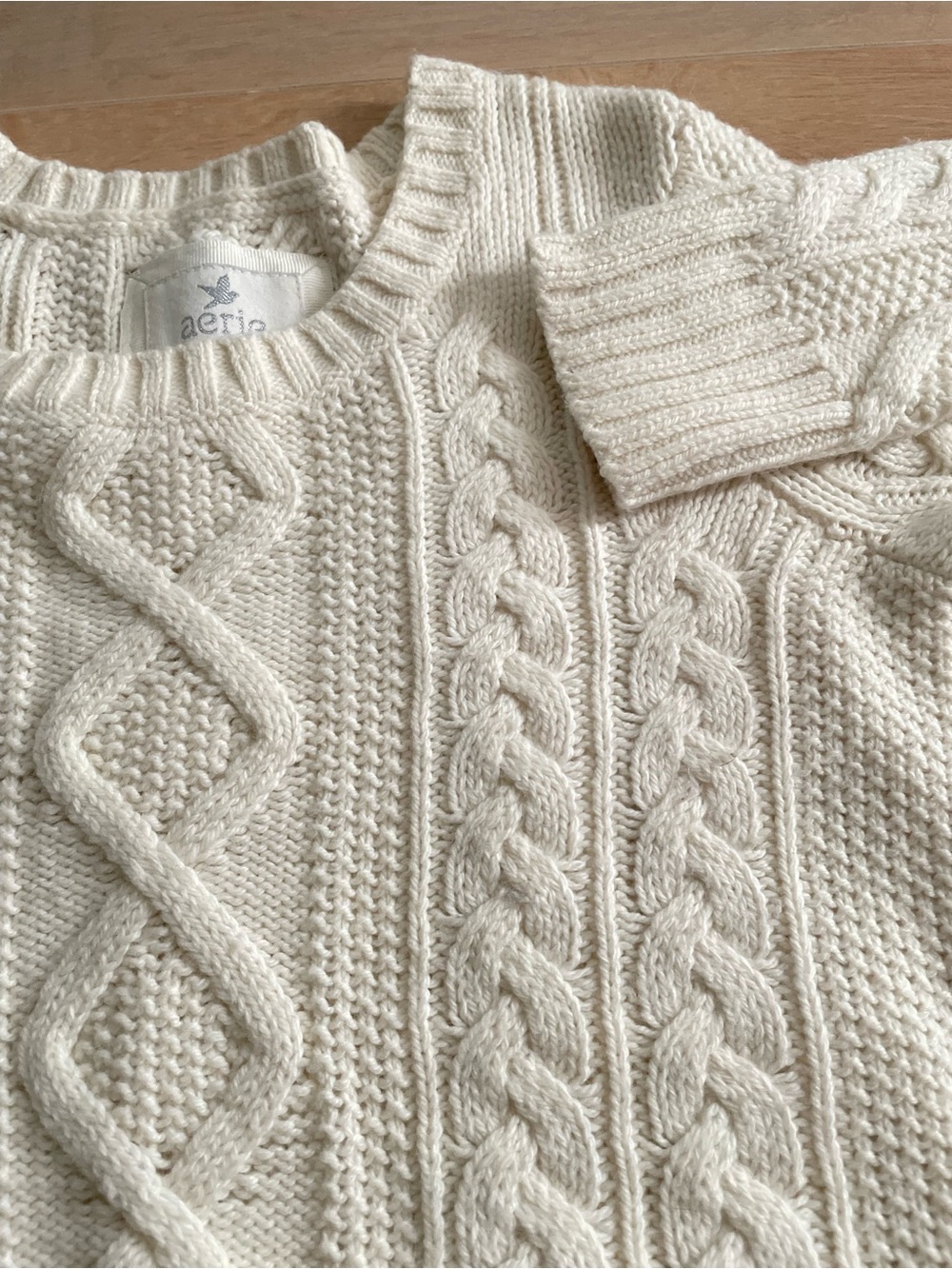AERIE Cream Cable-Knit Wool Blend Crewneck Sweater - Picture 2 of 7
